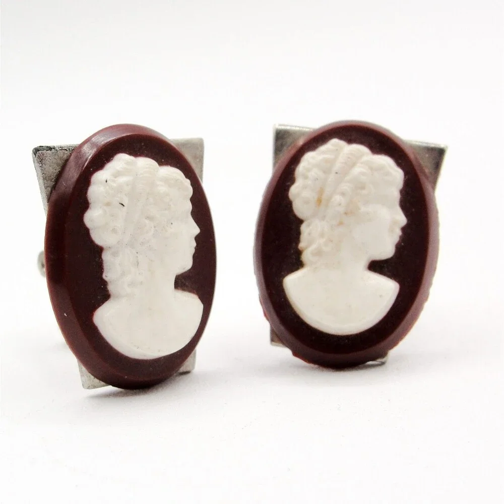 Vintage Silver Tone Victorian Goddess Lady Cameo Cufflinks Brown White MCM